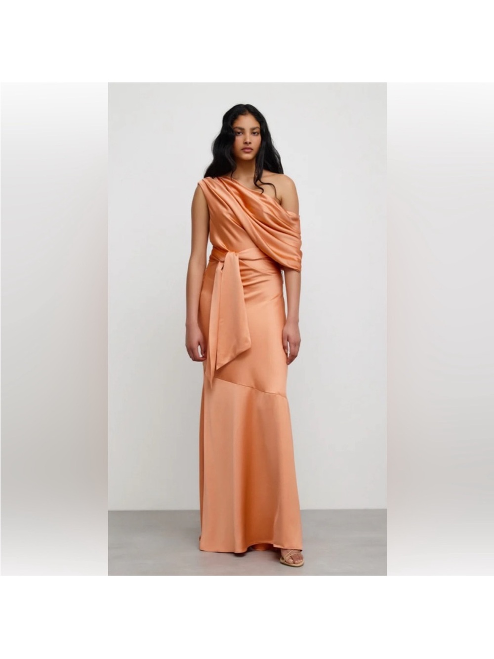 Significant Other Dress Maxi Erika Peach Orange Satin Shoulder Drape 6 - Picture 2 of 10